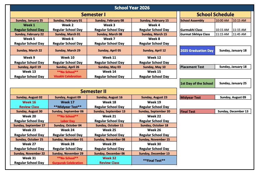 Annual school calendar overview
